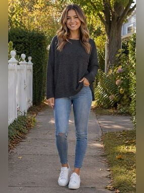 Shades of Denim Oversized Gray Ribbed Sweater Slouchy Cozy Pullover M